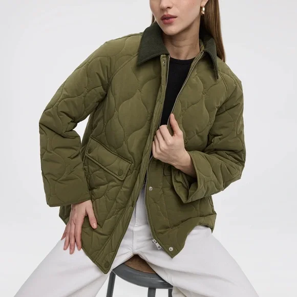 REITMANS Olive Green Quilted Puffer Jacket with Dark Corduroy Collar - Picture 2 of 4